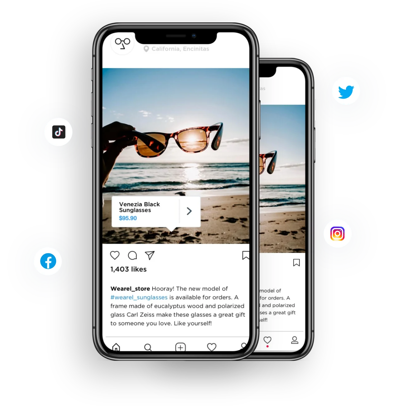 The Vendar app on two phones, surrounded by social network icons